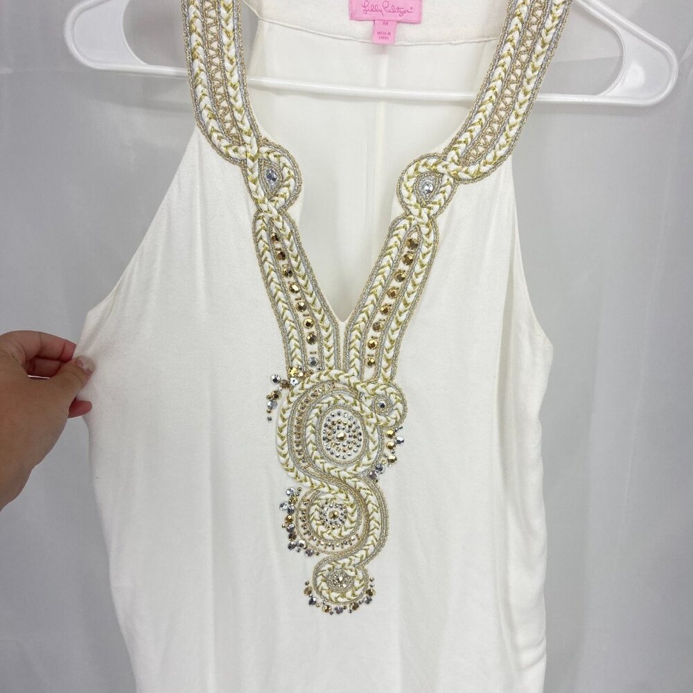 Lilly Pulitzer Women M Valli Soft Shirt Dress Mini White Gold Sparkle Rhinestone - Picture 3 of 10